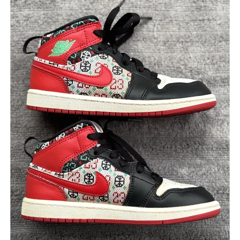 Nike Air Jordan 1 Mid Ugly Christmas Sweater Shoes Kids Size 13C DM1210-150